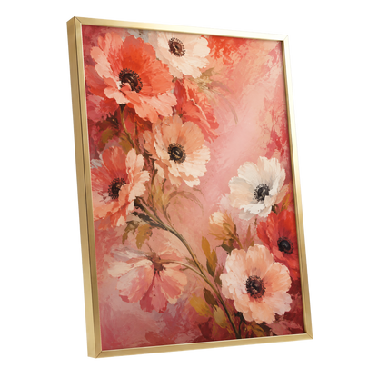 Coral Petal Reverie, pink, orange, red floral wall art shown as a gold framed poster wall art print