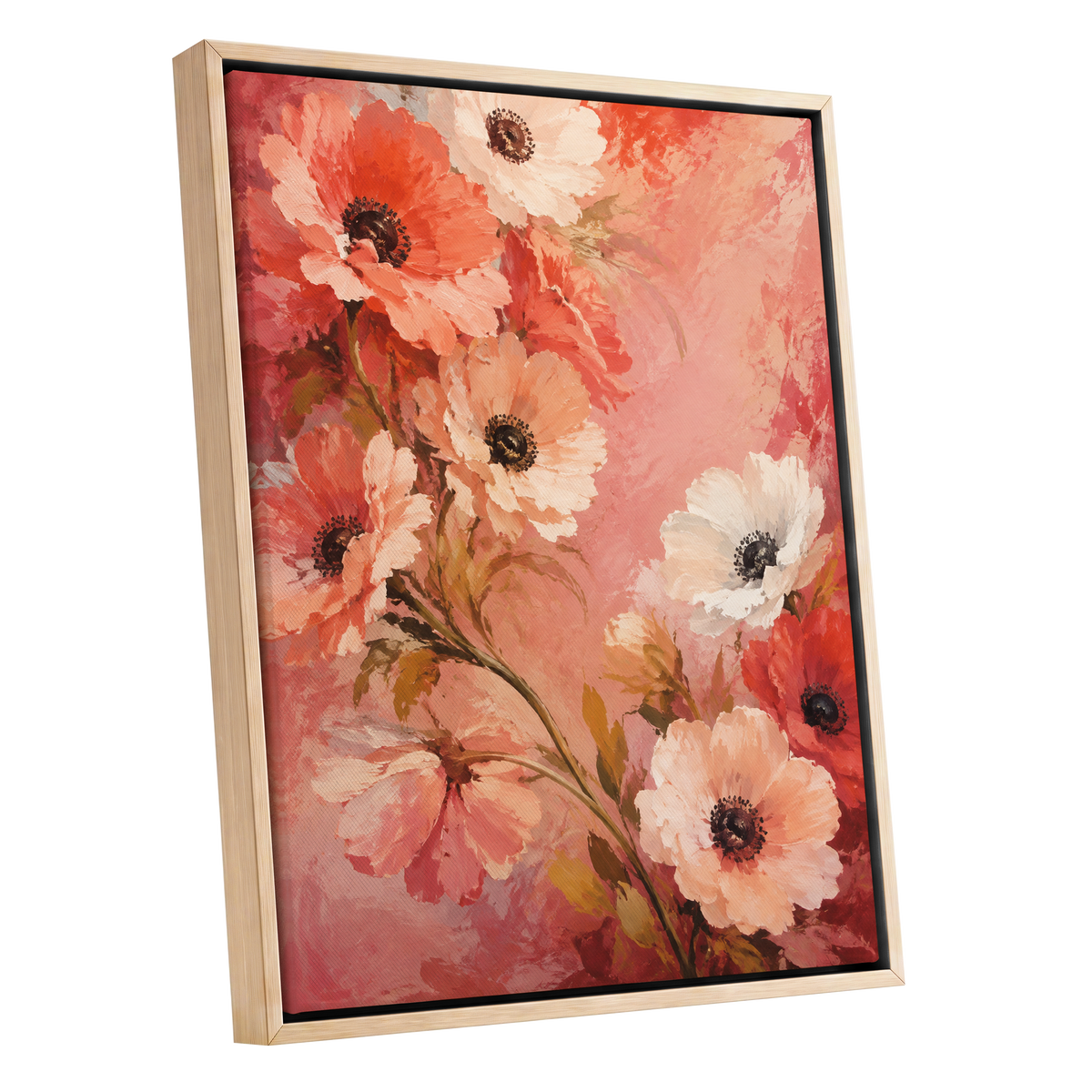 Coral Petal Reverie, pink, orange, red floral wall art shown as a oak framed canvas wall art