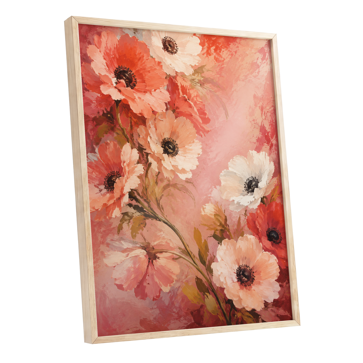 Coral Petal Reverie, pink, orange, red floral wall art shown as a oak framed poster wall art print