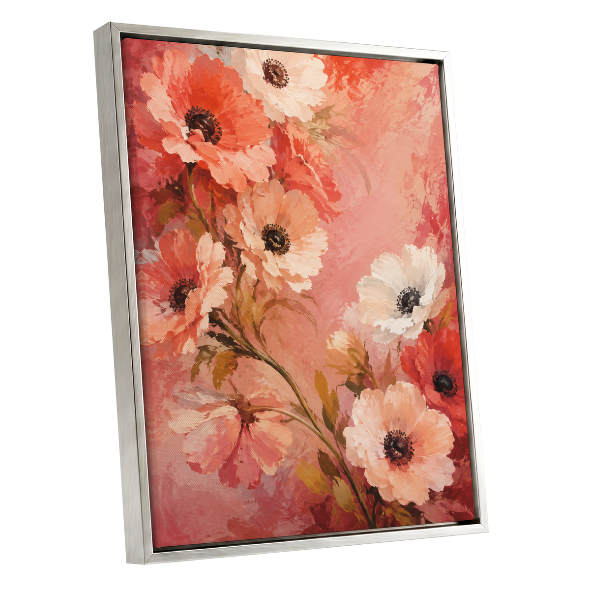 Coral Petal Reverie, pink, orange, red floral wall art shown as a silver framed canvas wall art