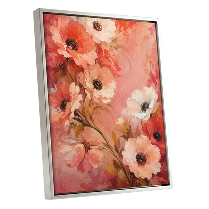 Coral Petal Reverie, pink, orange, red floral wall art shown as a silver framed canvas wall art