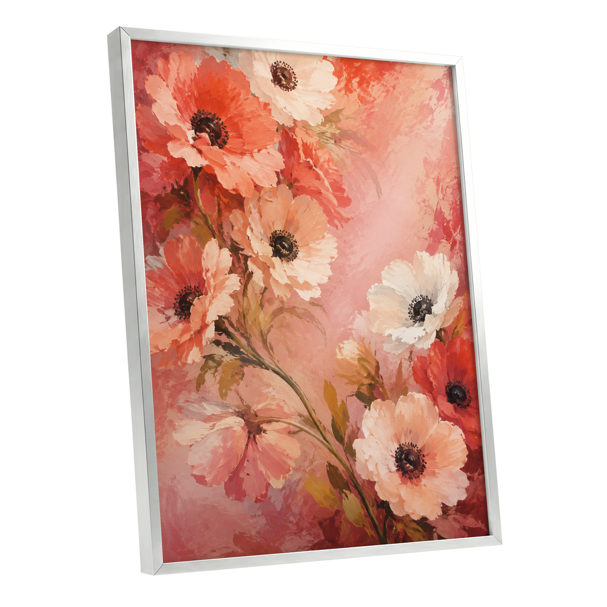 Coral Petal Reverie, pink, orange, red floral wall art shown as a silver framed poster wall art print