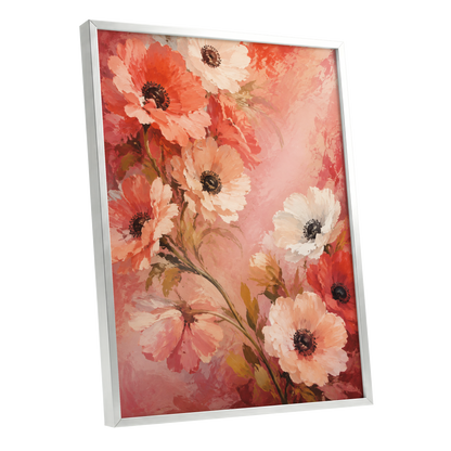 Coral Petal Reverie, pink, orange, red floral wall art shown as a silver framed poster wall art print