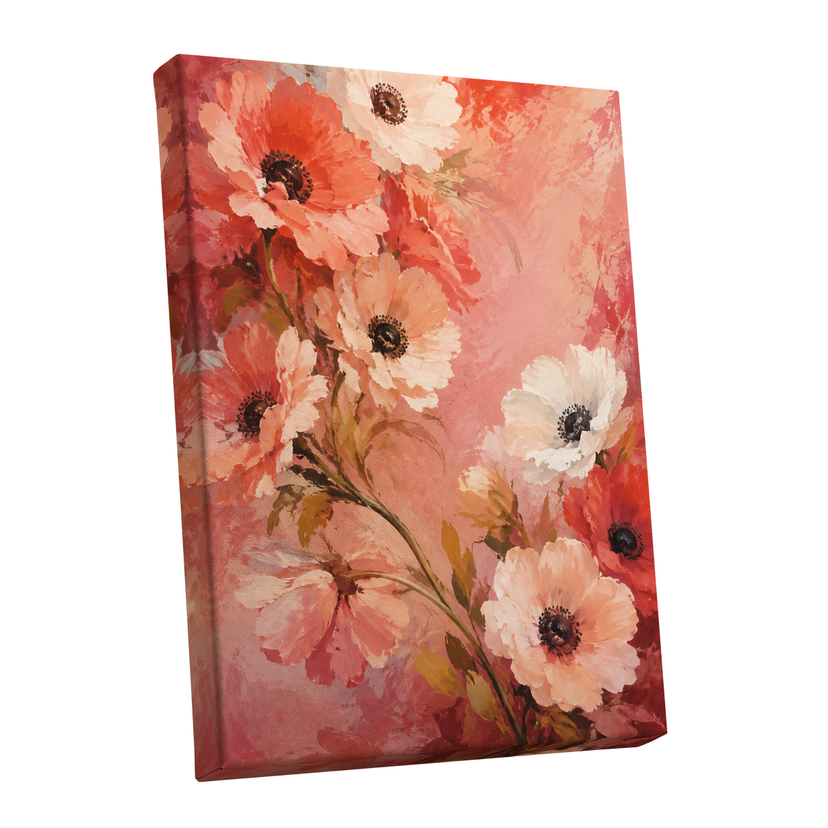 Coral Petal Reverie, pink, orange, red floral wall art shown as a stretched canvas wall art