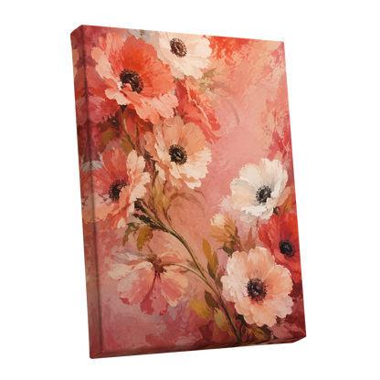 Coral Petal Reverie, pink, orange, red floral wall art shown as a stretched canvas wall art