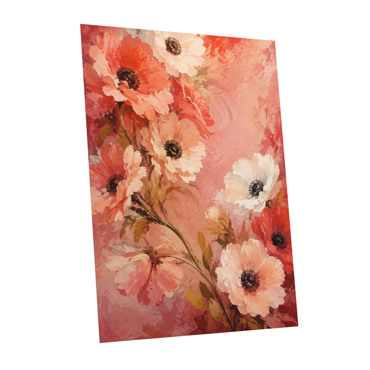 Coral Petal Reverie, pink, orange, red floral wall art shown as a unframed poster wall art print