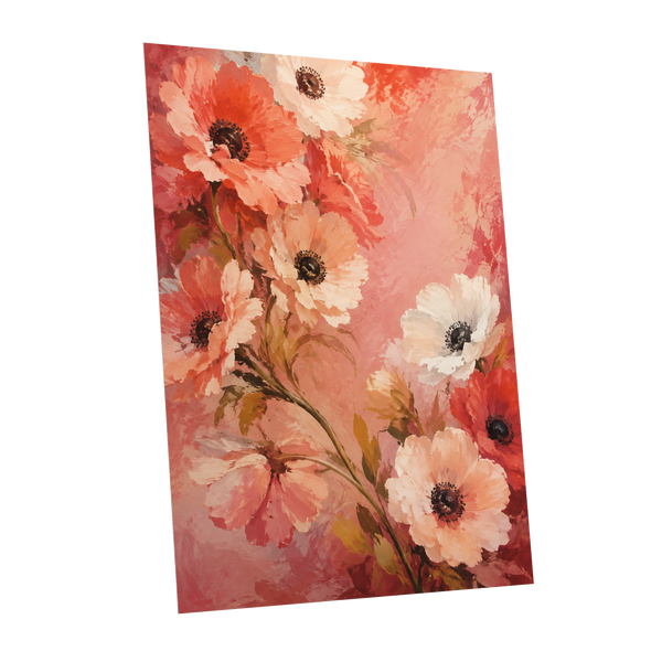 Coral Petal Reverie, pink, orange, red floral wall art shown as a unframed poster wall art print