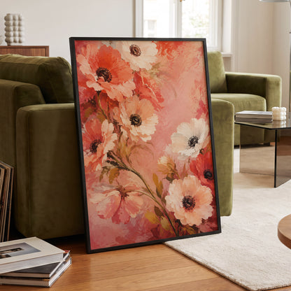 Coral Petal Reverie, pink, orange, red floral wall art displayed in a styled interior, gallery view 2