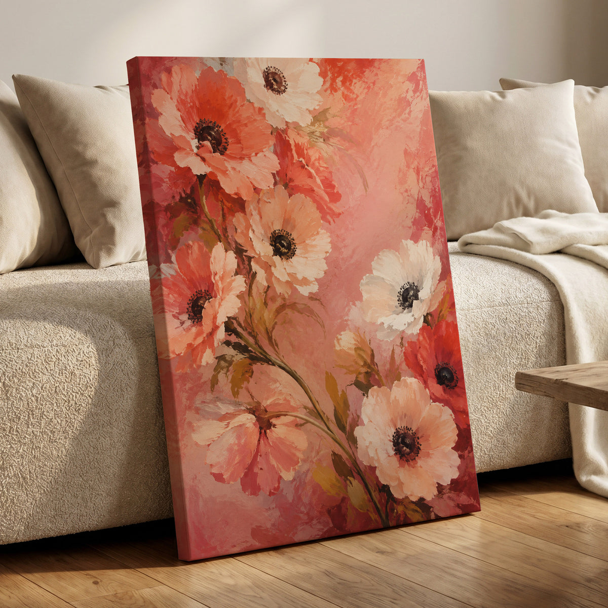 Coral Petal Reverie, pink, orange, red floral wall art displayed in a styled interior, gallery view 3