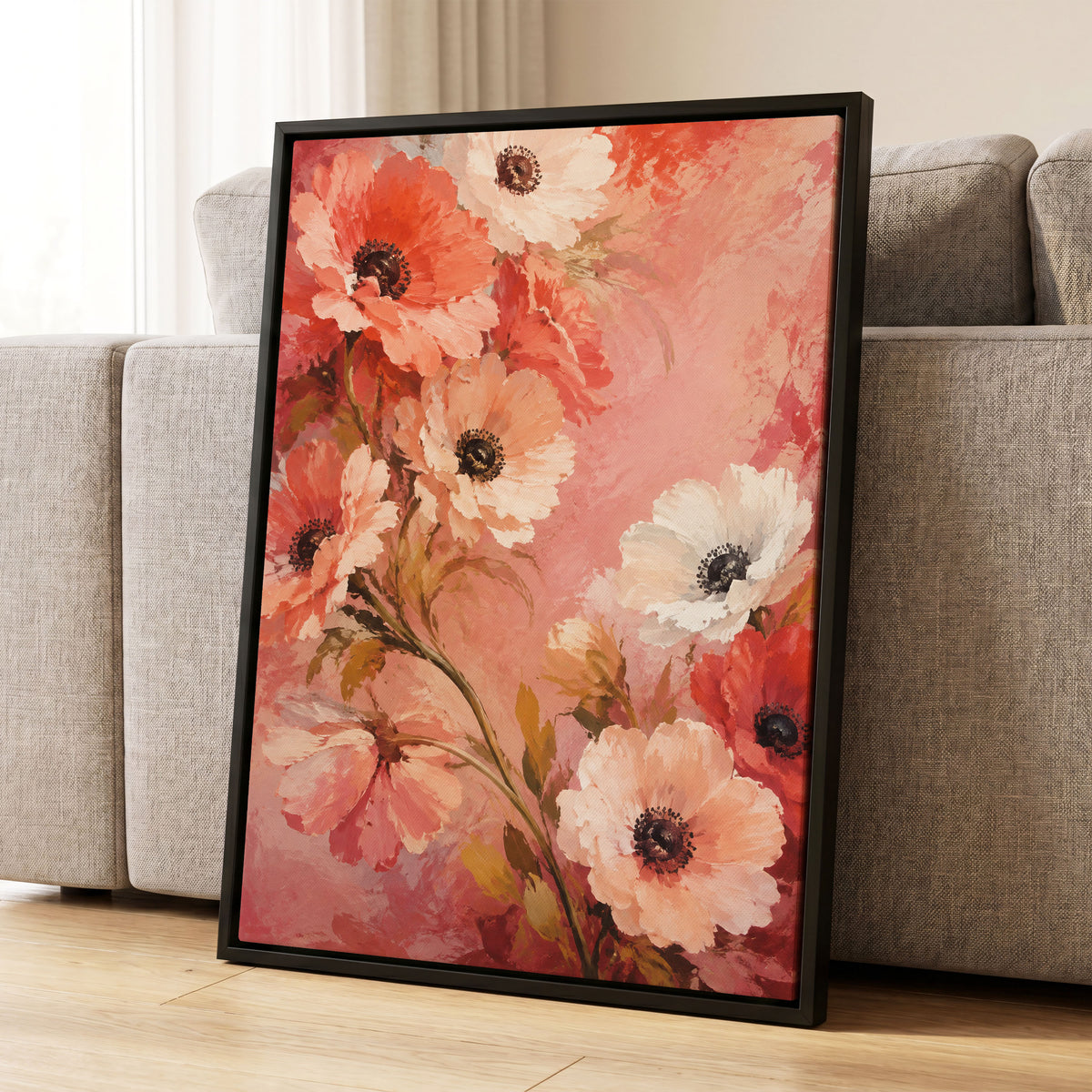 Coral Petal Reverie, pink, orange, red floral wall art displayed in a styled interior, gallery view 4