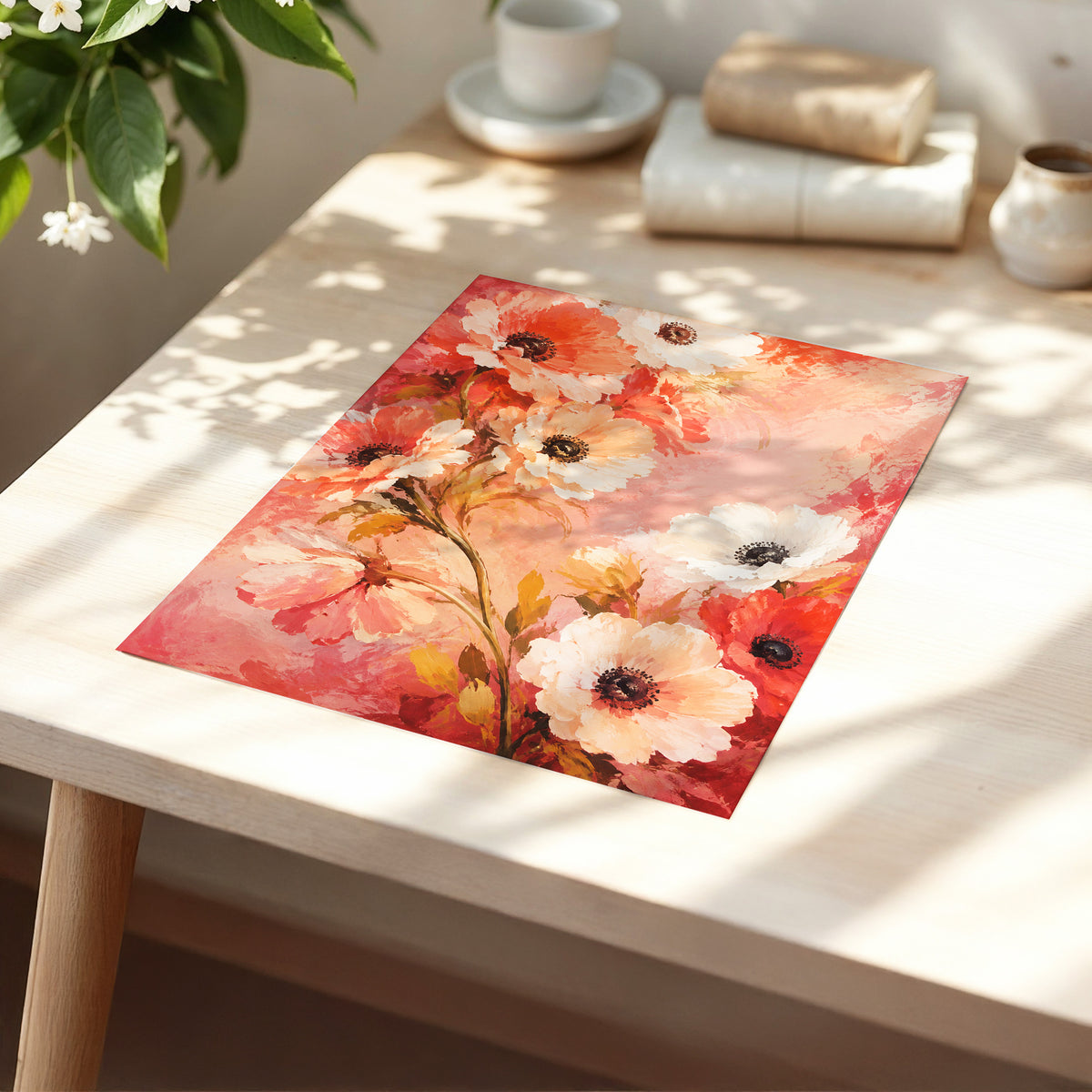 Coral Petal Reverie, pink, orange, red floral wall art displayed in a styled interior, gallery view 5