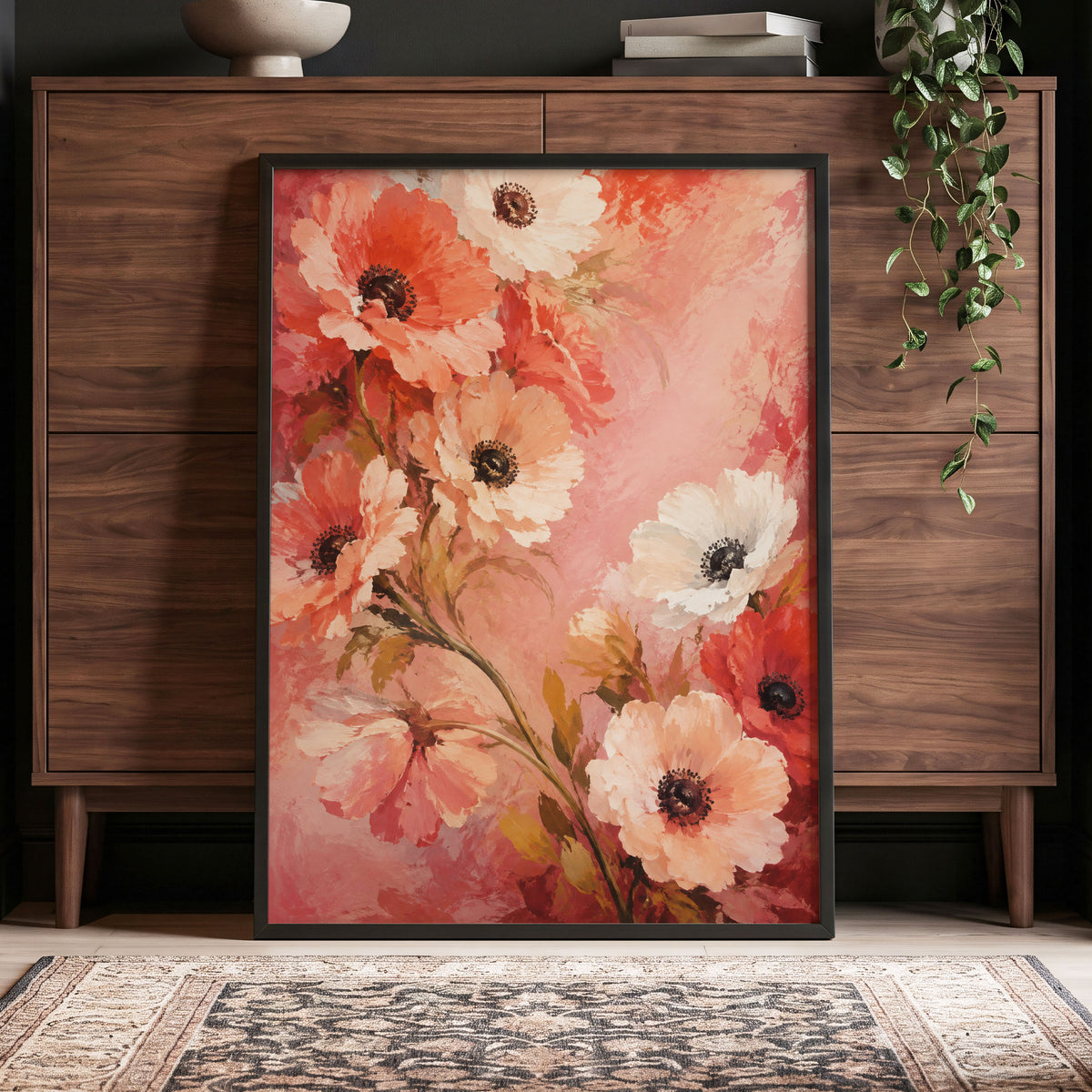 Coral Petal Reverie, pink, orange, red floral wall art displayed in a styled interior, gallery view 6
