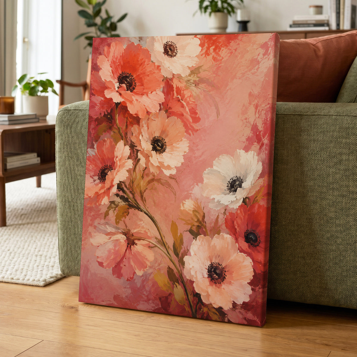 Coral Petal Reverie, pink, orange, red floral wall art displayed in a styled interior, gallery view 7