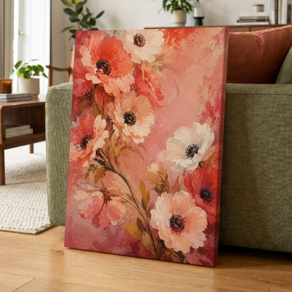 Coral Petal Reverie, pink, orange, red floral wall art displayed in a styled interior, gallery view 7