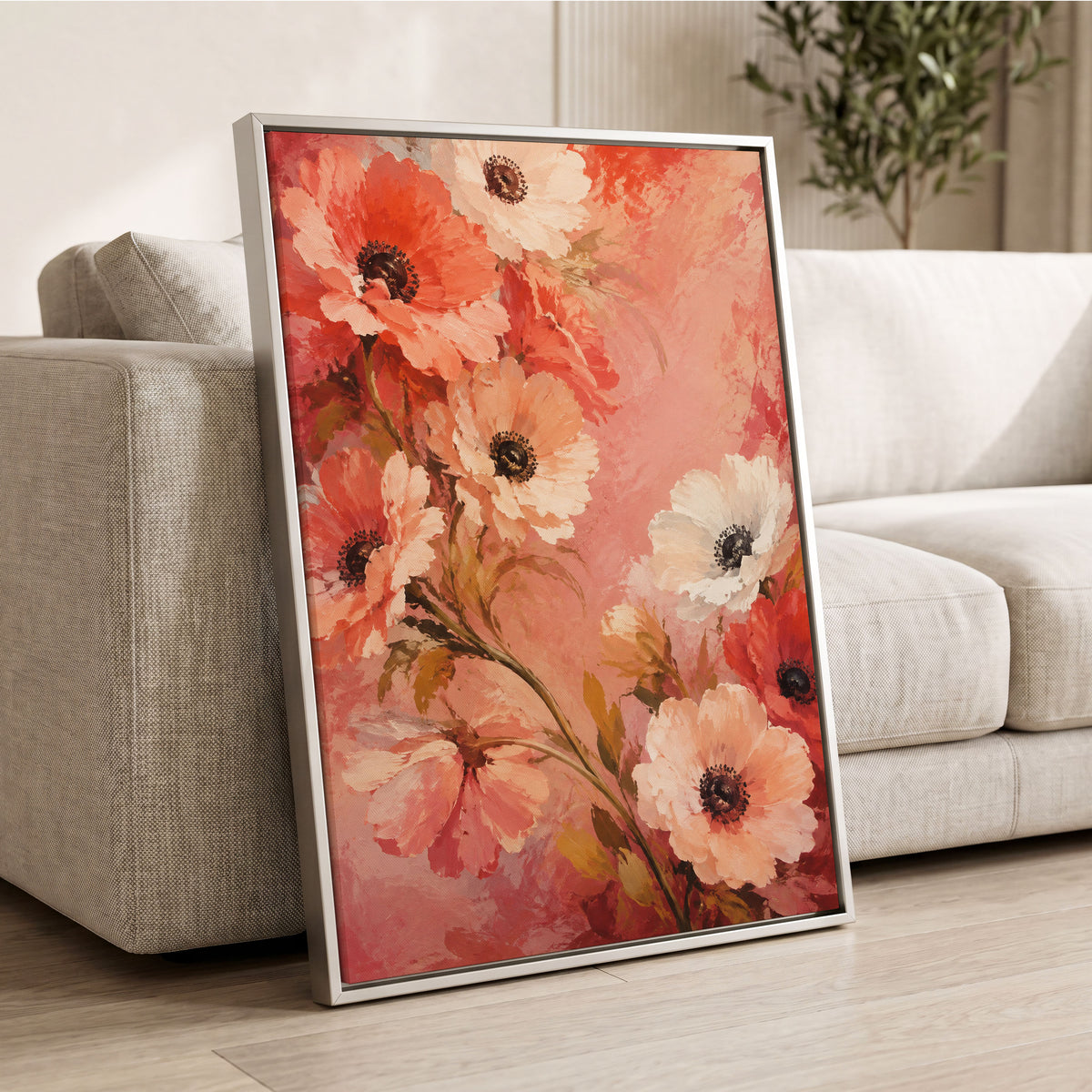Coral Petal Reverie, pink, orange, red floral wall art displayed in a styled interior, gallery view 8