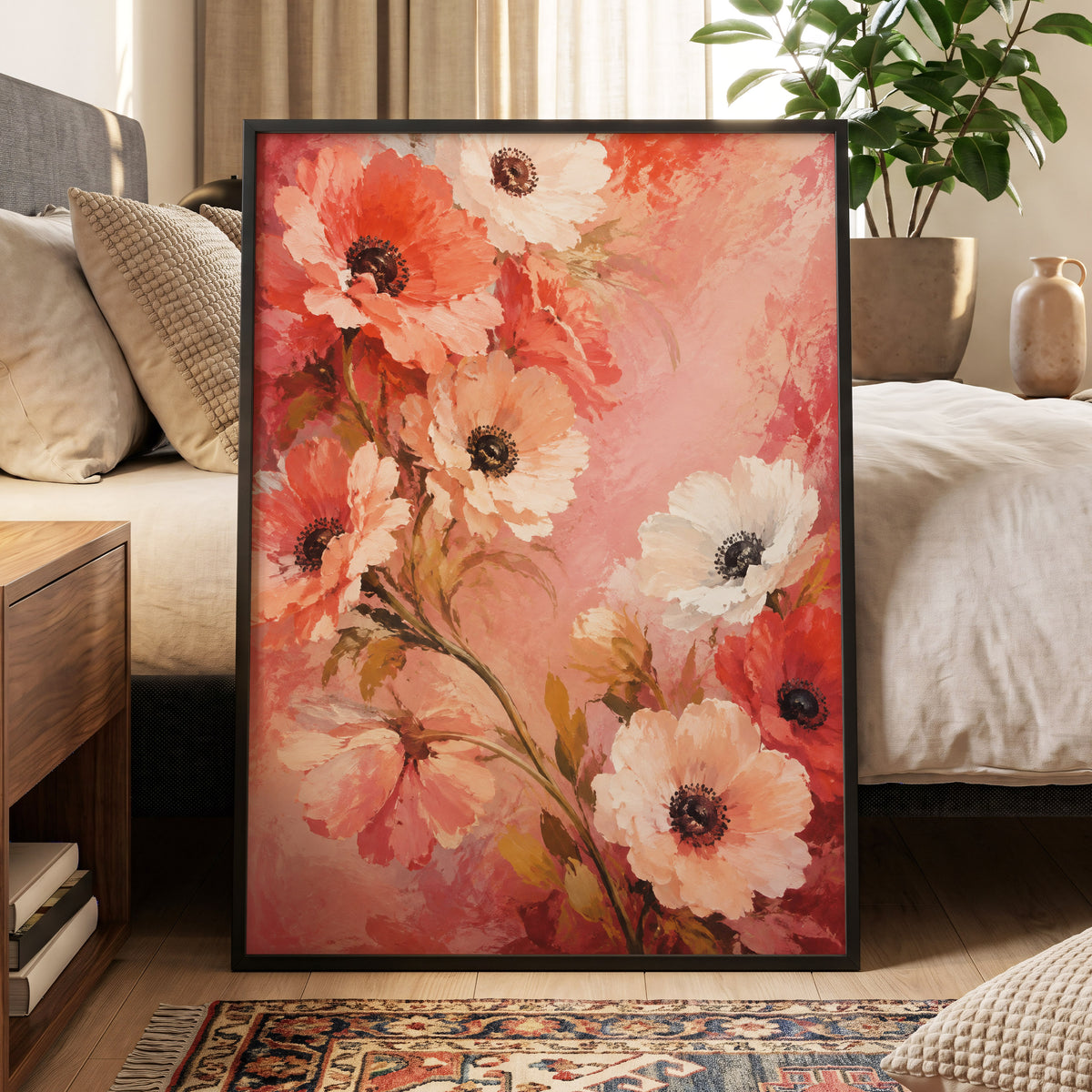 Coral Petal Reverie, pink, orange, red floral wall art displayed in a styled interior, gallery view 9