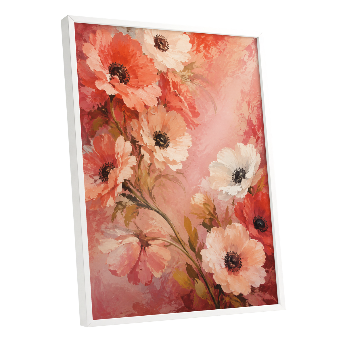 Coral Petal Reverie, pink, orange, red floral wall art shown as a white framed poster wall art print