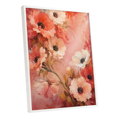 Coral Petal Reverie, pink, orange, red floral wall art shown as a white framed poster wall art print