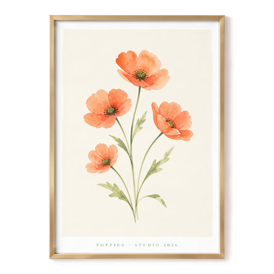 Coral Poppy Study, orange, green, beige floral wall art, front artwork view