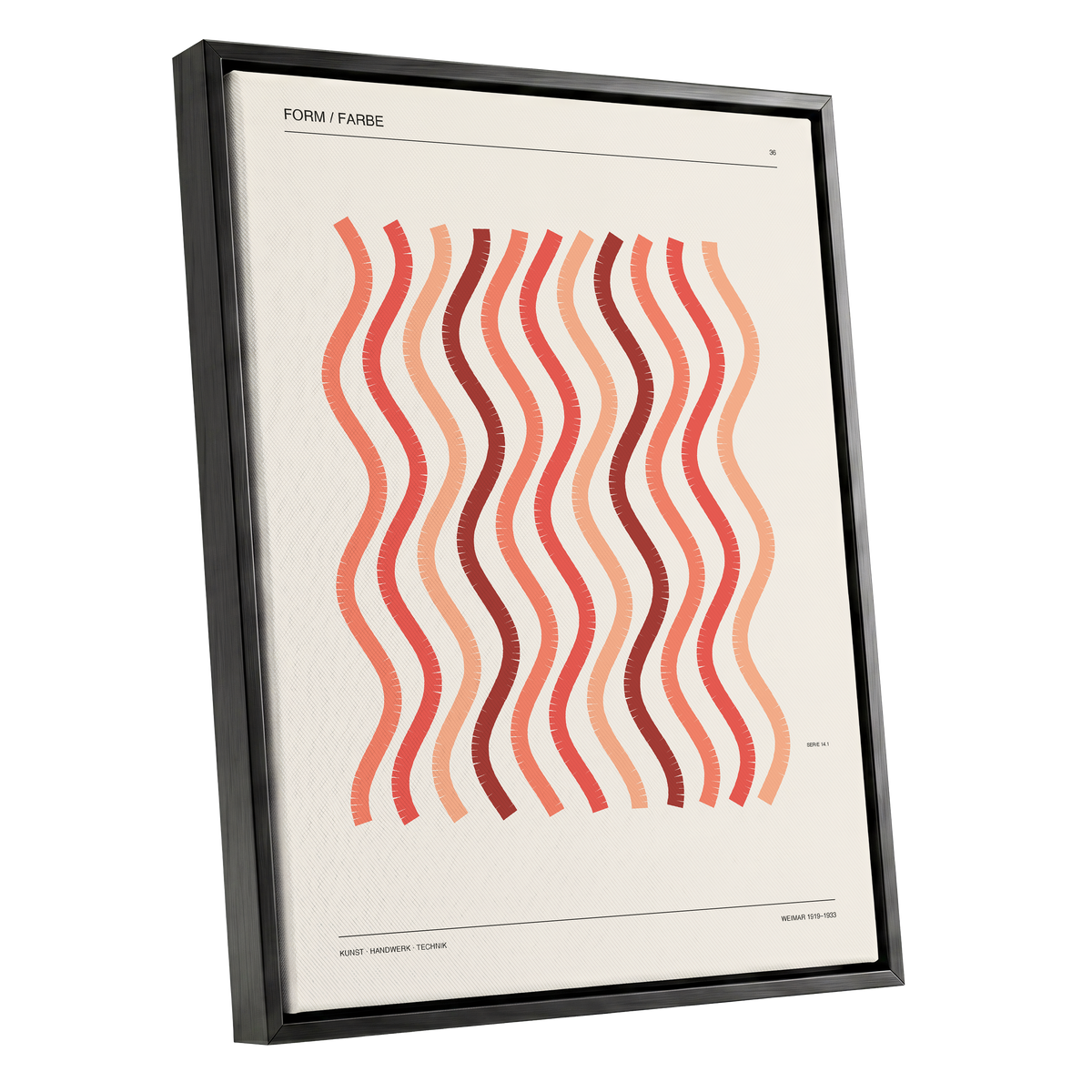 Coral Rhythm, beige, red, pink abstract wall art shown as a black framed canvas wall art