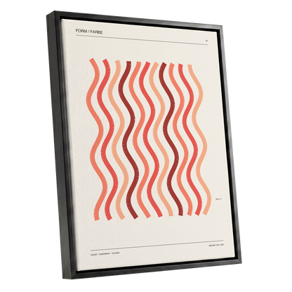 Coral Rhythm, beige, red, pink abstract wall art shown as a black framed canvas wall art