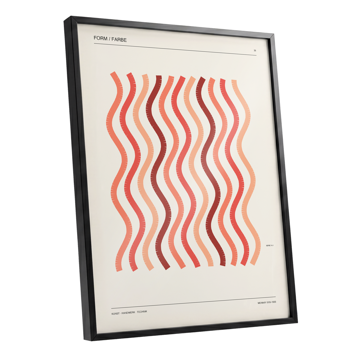 Coral Rhythm, beige, red, pink abstract wall art shown as a black framed poster wall art print