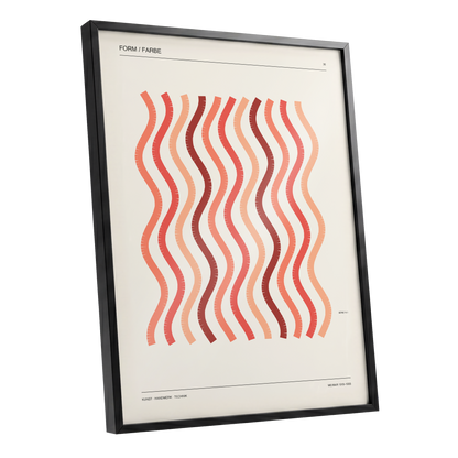 Coral Rhythm, beige, red, pink abstract wall art shown as a black framed poster wall art print