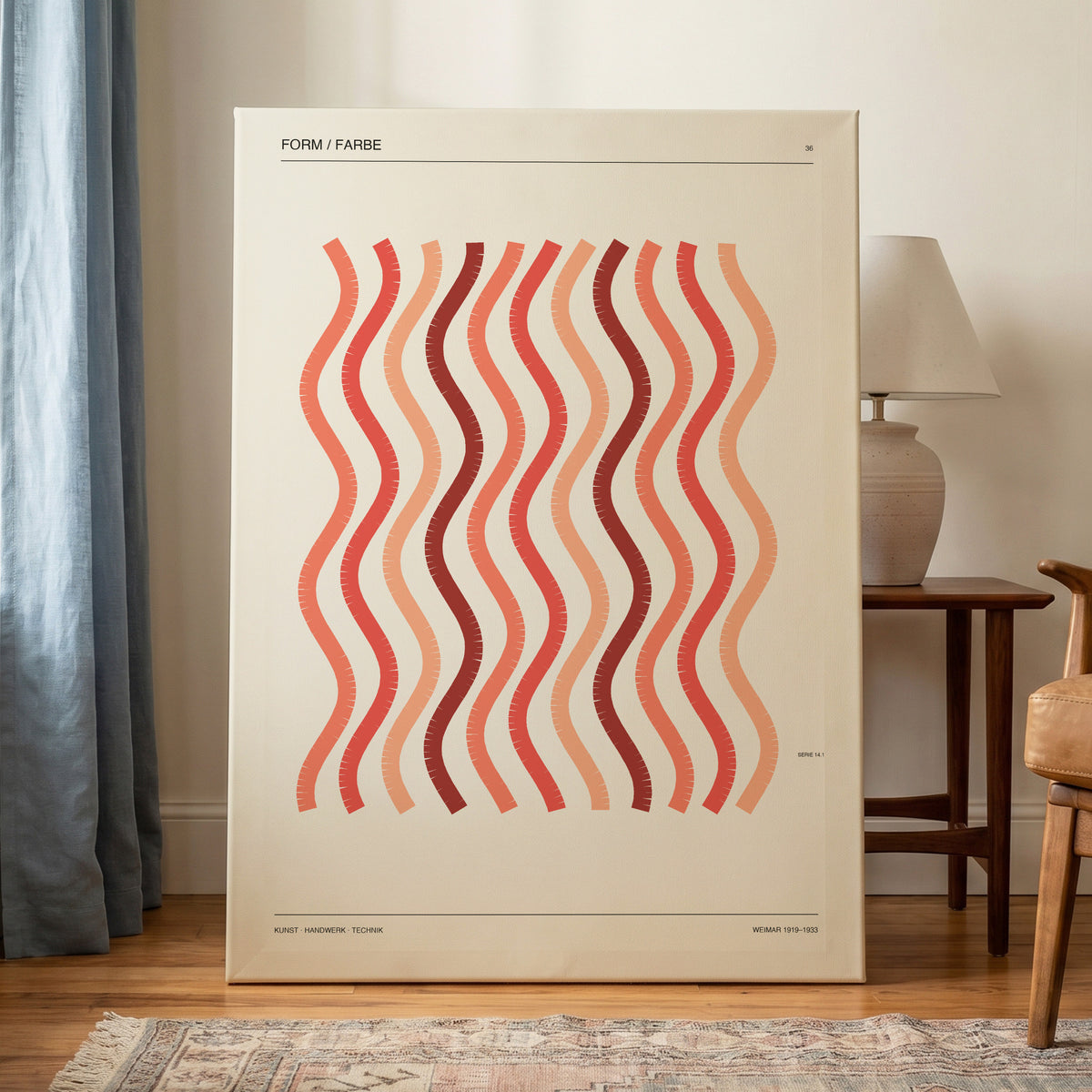 Coral Rhythm, beige, red, pink abstract wall art on canvas displayed in a styled interior, gallery view 1