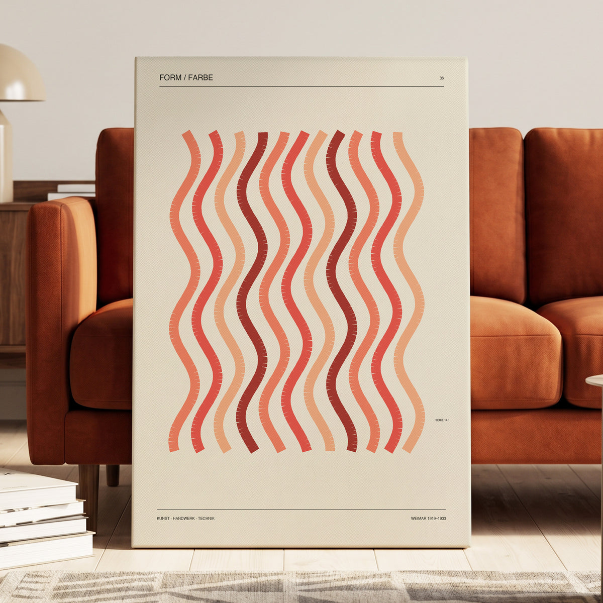 Coral Rhythm, beige, red, pink abstract wall art on canvas displayed in a styled interior, gallery view 2
