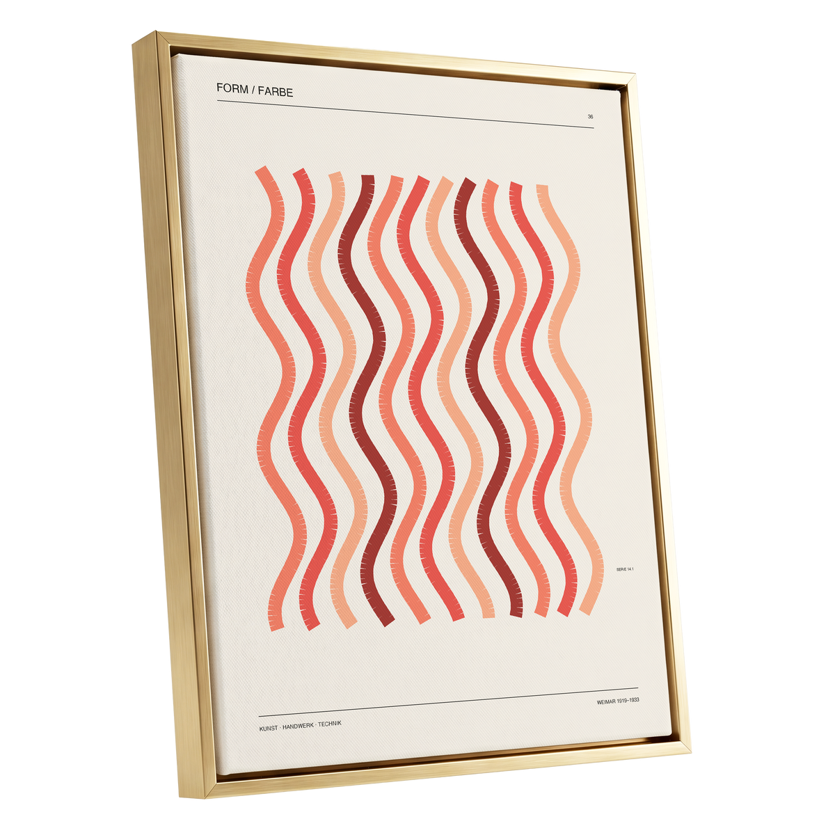 Coral Rhythm, beige, red, pink abstract wall art shown as a gold framed canvas wall art