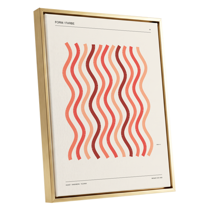 Coral Rhythm, beige, red, pink abstract wall art shown as a gold framed canvas wall art