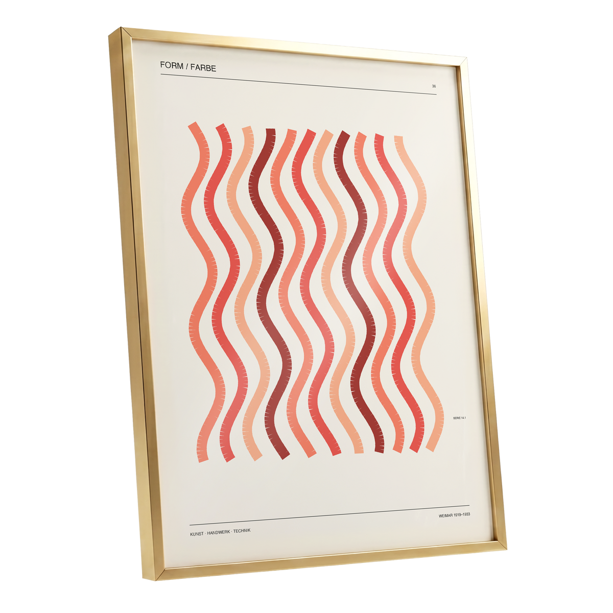 Coral Rhythm, beige, red, pink abstract wall art shown as a gold framed poster wall art print