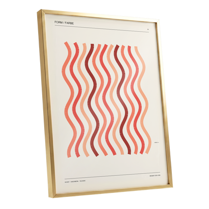 Coral Rhythm, beige, red, pink abstract wall art shown as a gold framed poster wall art print