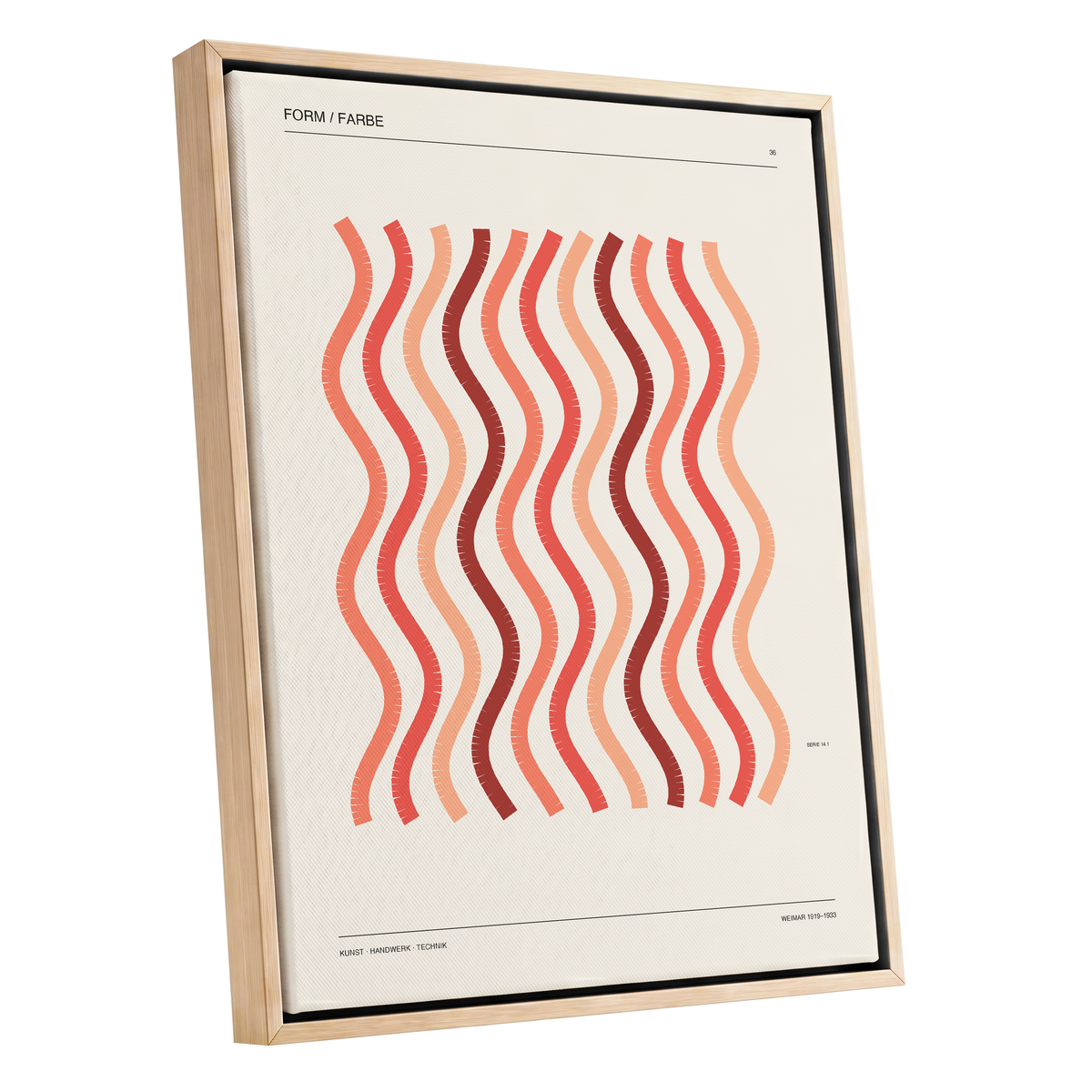 Coral Rhythm, beige, red, pink abstract wall art shown as a oak framed canvas wall art