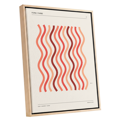 Coral Rhythm, beige, red, pink abstract wall art shown as a oak framed canvas wall art