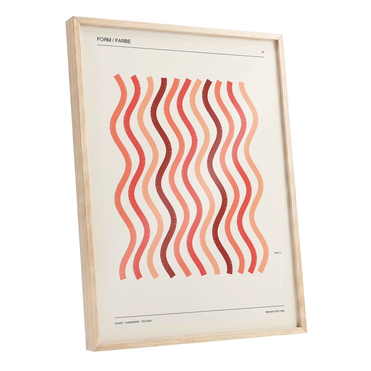 Coral Rhythm, beige, red, pink abstract wall art shown as a oak framed poster wall art print