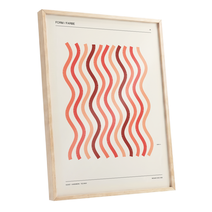 Coral Rhythm, beige, red, pink abstract wall art shown as a oak framed poster wall art print
