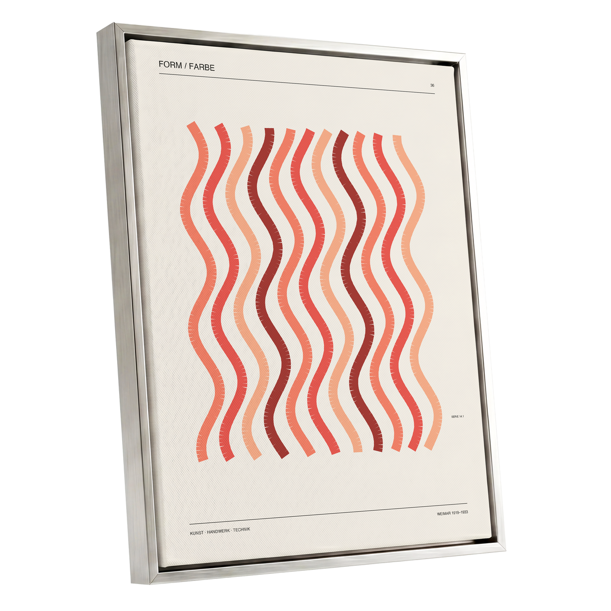 Coral Rhythm, beige, red, pink abstract wall art shown as a silver framed canvas wall art