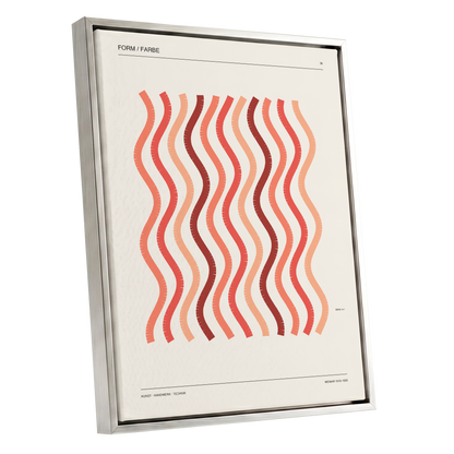Coral Rhythm, beige, red, pink abstract wall art shown as a silver framed canvas wall art