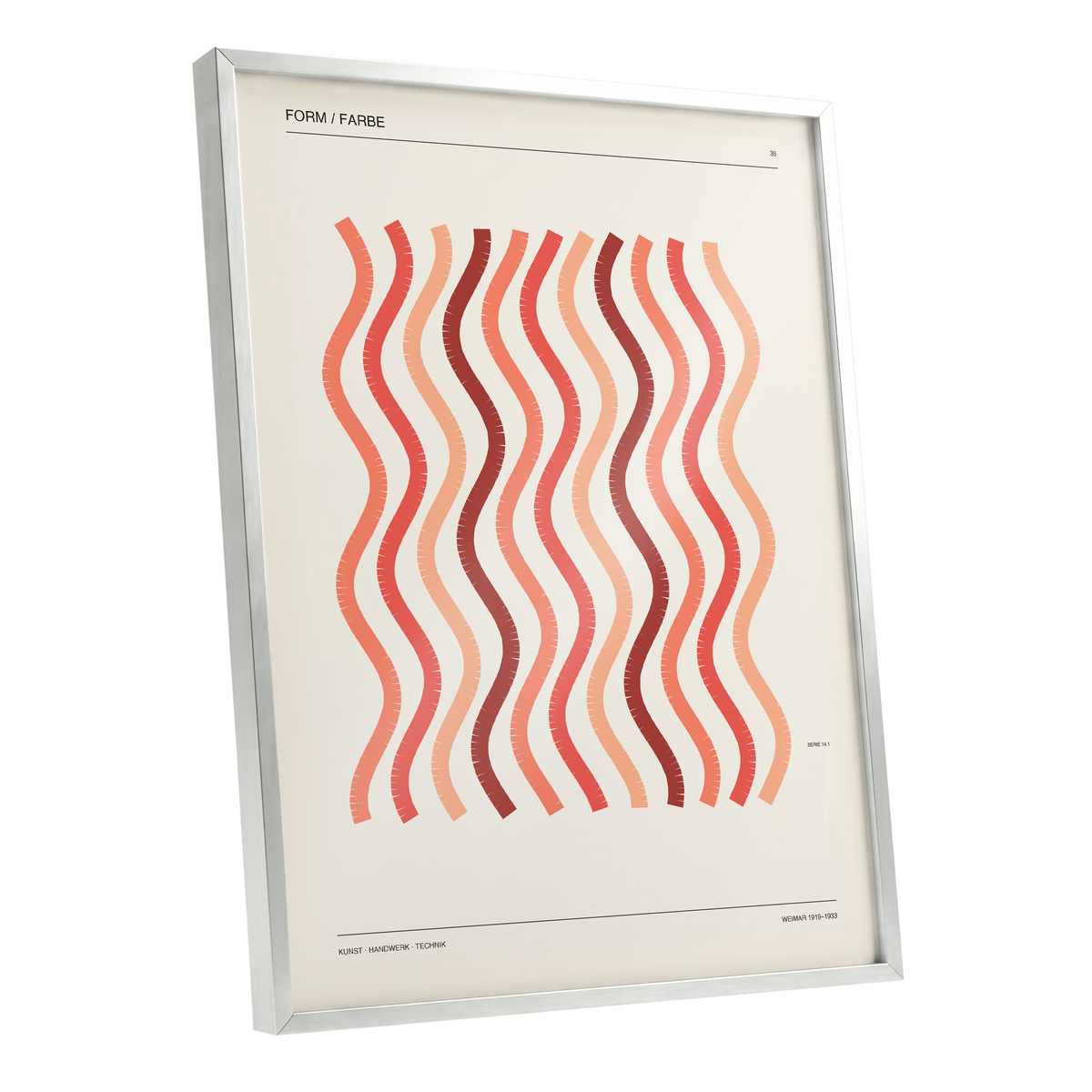 Coral Rhythm, beige, red, pink abstract wall art shown as a silver framed poster wall art print
