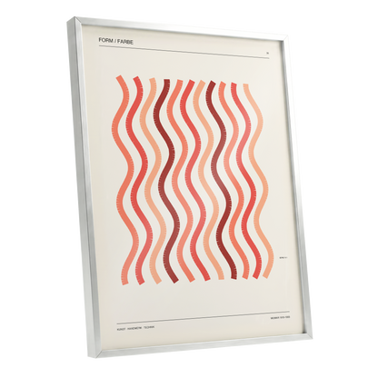 Coral Rhythm, beige, red, pink abstract wall art shown as a silver framed poster wall art print