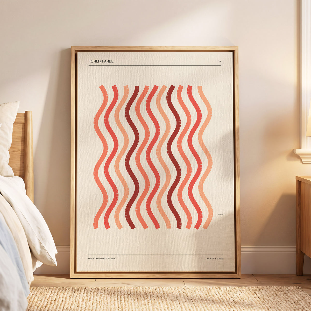 Coral Rhythm, beige, red, pink abstract wall art displayed in a styled interior, gallery view 5