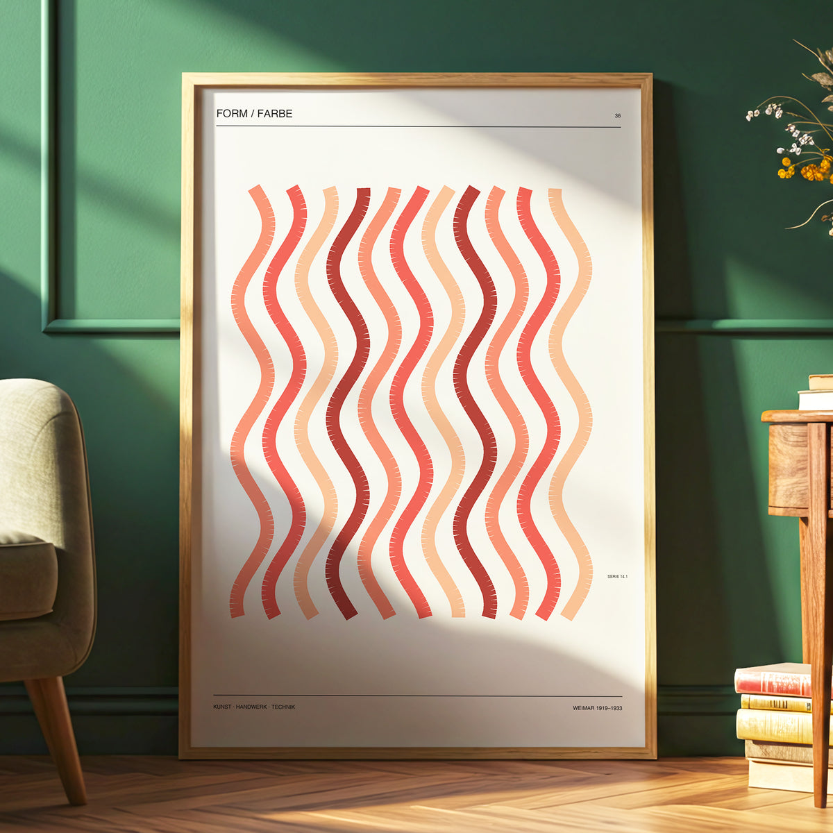 Coral Rhythm, beige, red, pink abstract wall art displayed in a styled interior, gallery view 6