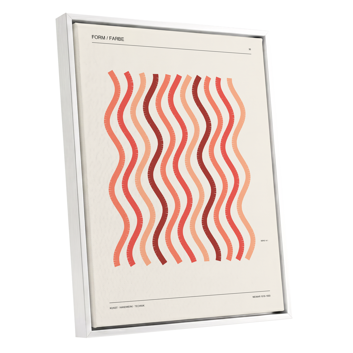 Coral Rhythm, beige, red, pink abstract wall art shown as a white framed canvas wall art