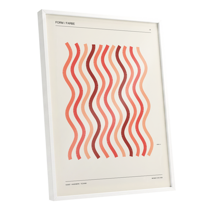 Coral Rhythm, beige, red, pink abstract wall art shown as a white framed poster wall art print