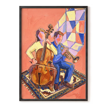 Coral Room Duet, orange, blue, brown abstract wall art, front artwork view
