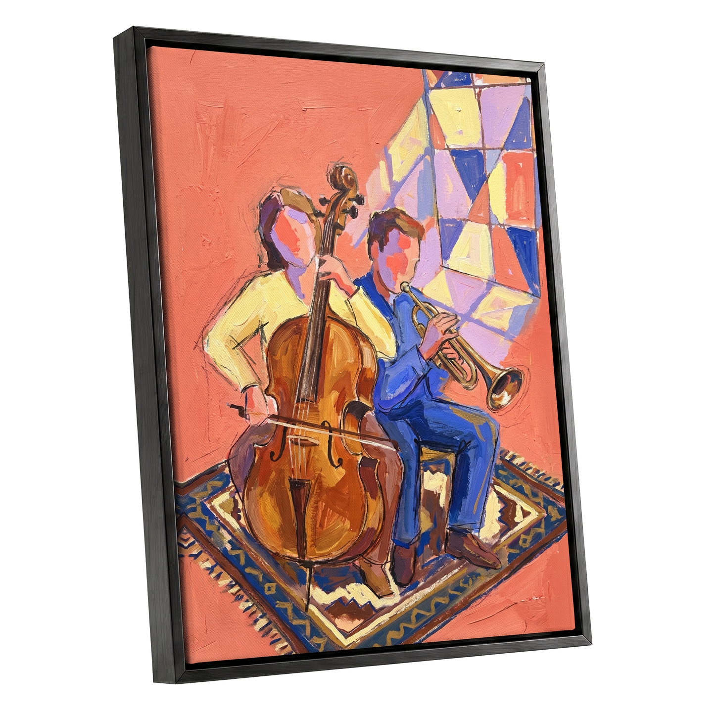 Coral Room Duet, orange, blue, brown abstract wall art shown as a black framed canvas wall art