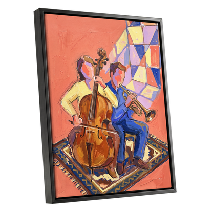 Coral Room Duet, orange, blue, brown abstract wall art shown as a black framed canvas wall art