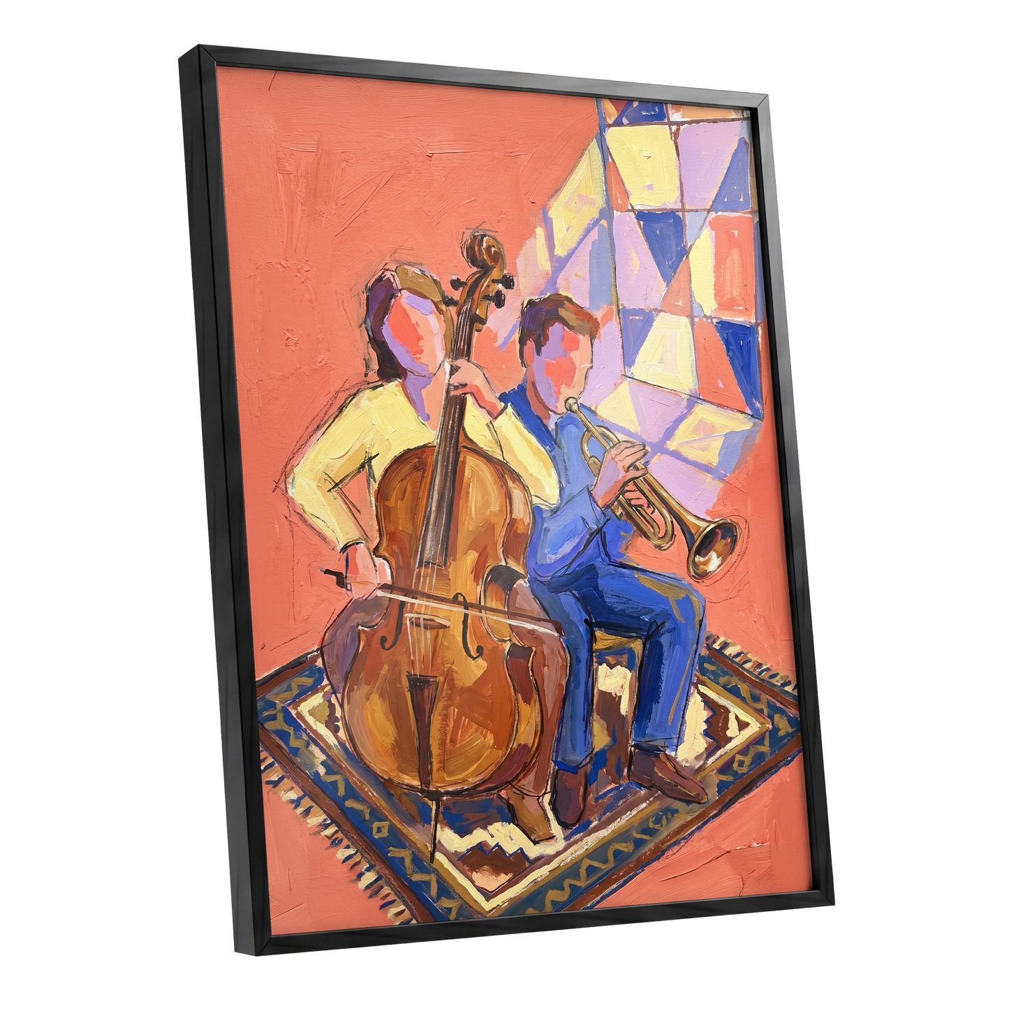 Coral Room Duet, orange, blue, brown abstract wall art shown as a black framed poster wall art print