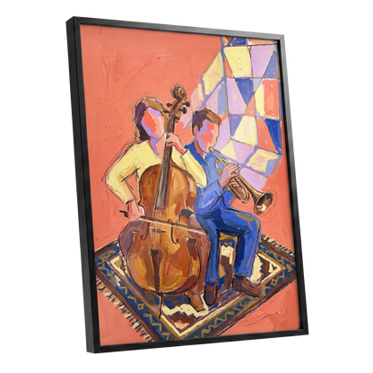 Coral Room Duet, orange, blue, brown abstract wall art shown as a black framed poster wall art print